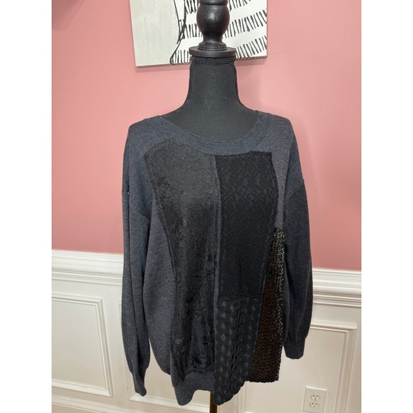 Fuzzi Virgin Wool Mixed Media Sweater in Gray Small Long Sleeve Sequins Knit - Picture 2 of 10